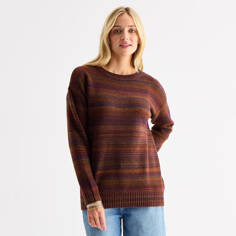 MSRP $38 A.N.A Womens L Multi Spacedye Striped Pullover Sweater Crew Neck Long